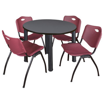 Kee 36" Round Breakroom Table- Grey/ Black & 4 'M' Stack Chairs- Burgundy