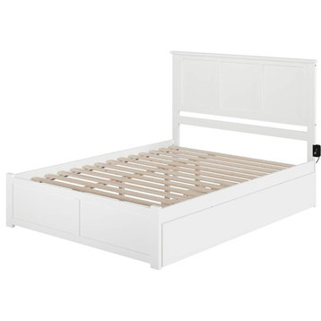 Classic Queen Platform Bed With Trundle, Slat Support and Open Headboard, White