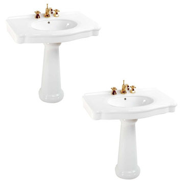 White Porcelain Bathroom Pedestal Sink 8" Widespread Set of 2 Gloss Finish