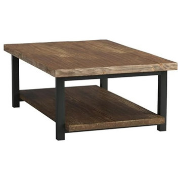 Industrial Coffee Table, Metal Legs With Hardwood Top & Open Comparments, Brown