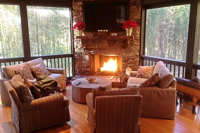 Screened in Porch with Fireplace and Television