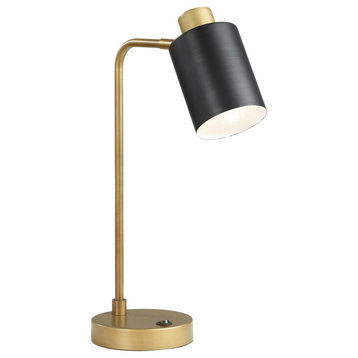 18 Inch Metal Table Lamp, Matte Black Cylindrical Shade, Antique Brass Base