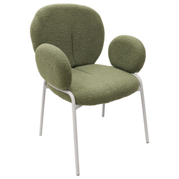 Celestial Boucle Dining Chairs With Arms, White Iron Legs, Green