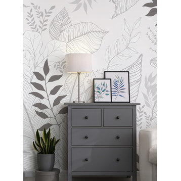 Hand Drawn Floral Leaves Peel and Stick Vinyl Mural Wallpaper, Grey, 24"x108"
