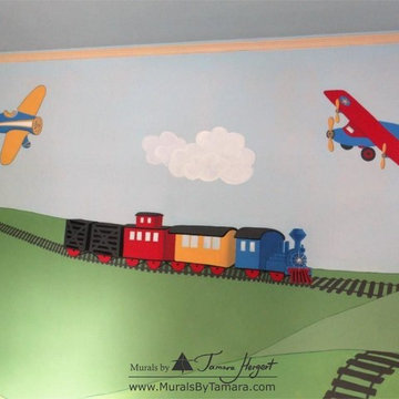 Boy's room mural with Airplanes and a Choo-choo train
