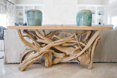 Example of a large beach style formal and open concept porcelain tile living room design in Jacksonville with white walls