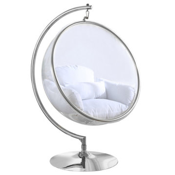 Luna Metal Acrylic Swing Bubble Accent Chair With Stand, White, Chrome Base