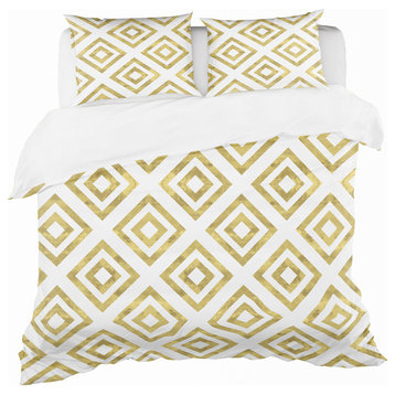 White and Gold Pattern Mid-Century Duvet Cover Set, Queen