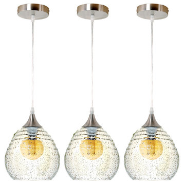 Ripple Hand Blown Seeded Glass Pendant Brushed Nickel Finish, Clear, Pack of 3