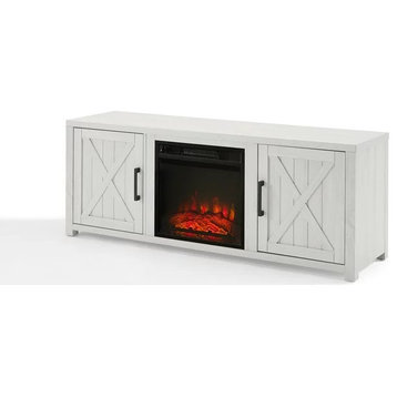 Modern Farmhouse TV Console, X-Patterned Grooved Doors & Fireplace, Whitewash