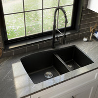 Karran Undermount Quartz 33" 60/40 Double Bowl Kitchen Sink, Black