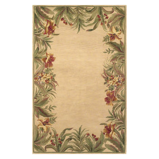 8'X10' Ivory Hand Tufted Bordered Tropical Plants Indoor Area Rug ...