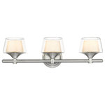 Innovations Lighting - Innovations 311-3W-SN-CLW 3-Light Bath Vanity Light Satin Nickel - Innovations 311-3W-SN-CLW 3-Light Bath Vanity Light Satin Nickel. Style: Retro, Art Deco. Metal Finish: Satin Nickel. Metal Finish (Canopy/Backplate): Satin Nickel. Material: Cast Brass, Steel, Glass. Dimension(in): 7. 25(H) x 24(W) x 7. 5(Ext). Bulb: (3)60W G9,Dimmable(Not Included). Maximum Wattage Per Socket: 60. Voltage: 120. Color Temperature (Kelvin): 2200. CRI: 99. Lumens: 450. Glass Shade Description: White Inner and Clear Outer Laguna Glass. Glass or Metal Shade Color: White and Clear. Shade Material: Glass. Glass Type: Frosted. Shade Shape: Bowl. Shade Dimension(in): 6(W) x 3. 5(H). Backplate Dimension(in): 5. 25(Dia) x 1(Depth). ADA Compliant: No. California Proposition 65 Warning Required: Yes. UL and ETL Certification: Damp Location.