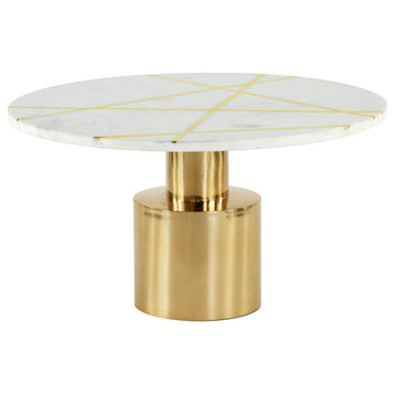 Round Light Marble Table With Gold Aluminum Base and Patterned Inlay, 20"x17"