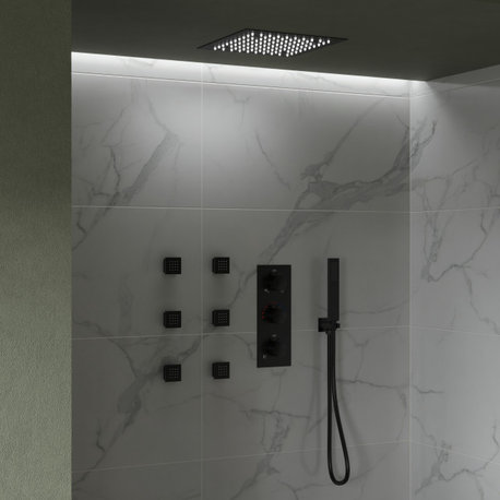 LED Thermostatic Shower System 12" Rain Shower Head with 6 Body Jets, Matte Black