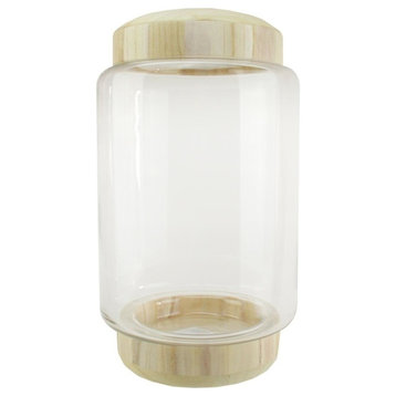 13.5" Cylindrical Transparent Glass Container With Wooden Base and Lid