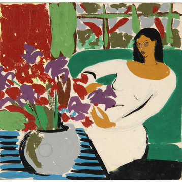Huguette Baudrot, Interior Portrait With Flowers, Gouache Painting