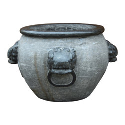 Chinese Oriental Gray Black Stone Round Garden Pot Planter cs2438 - Garden Statues And Yard Art