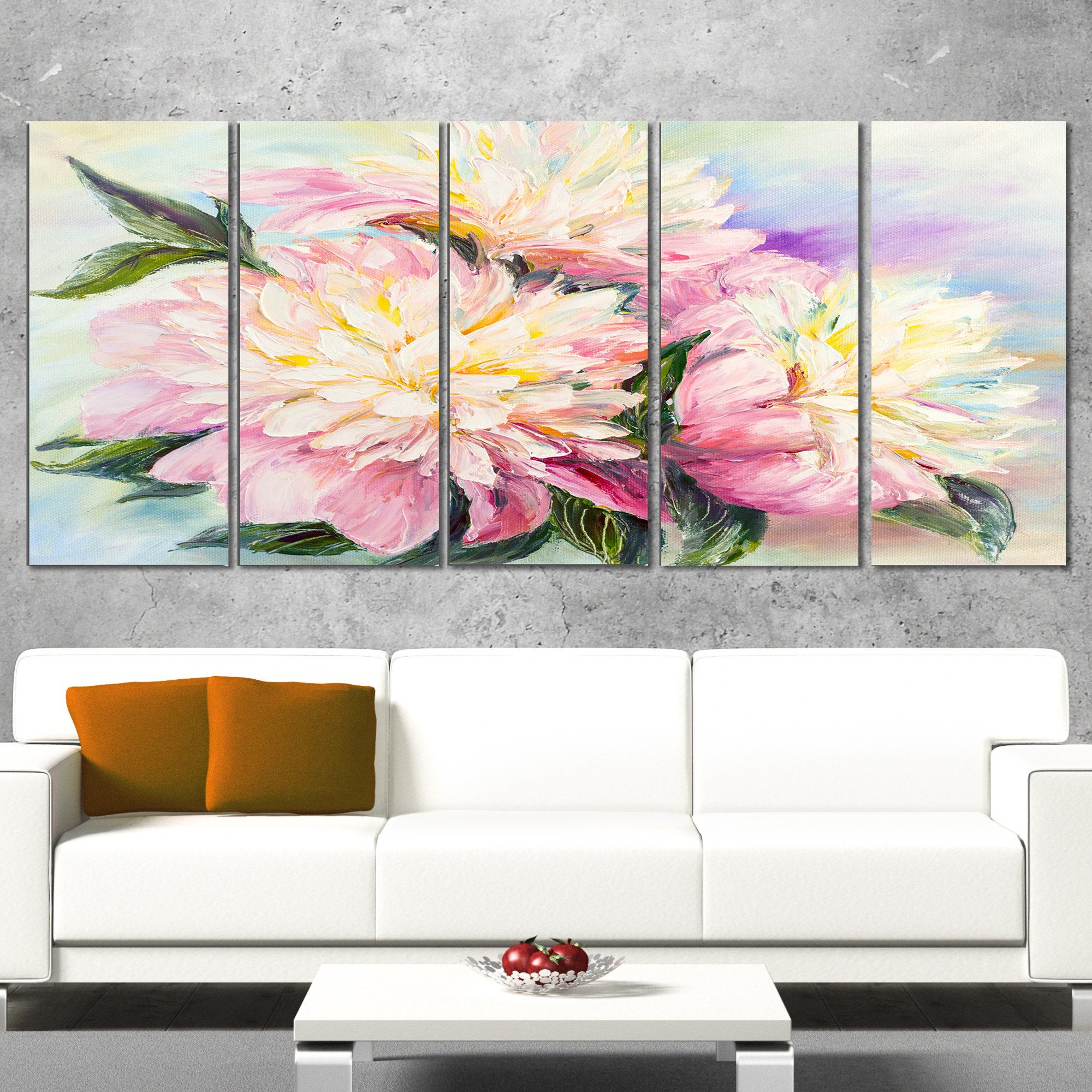 "Blooming Pink Peonies" Canvas Print, 60"x28" 5 Panels - Contemporary ...