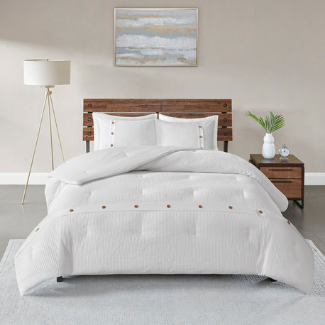 Madison Park FinleyWaffle Weave Comforter/Duvet Cover Mini Set, White, Full/Quee