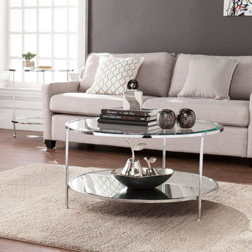 Contemporary Coffee Table, End Table, Chrome Frame With Wide Beveled Glass Top