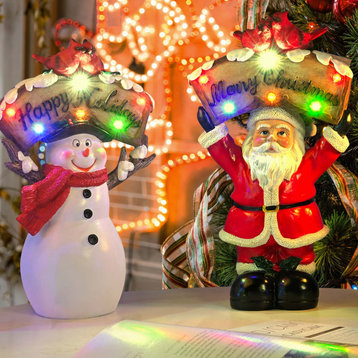 Resin Light Set Santa Claus Snowman Tabletop Christmas Decor LED Home 2 Pack