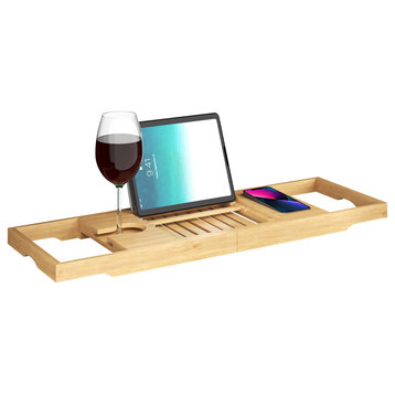 Bamboo Bathtub Tray Bath Caddy With Book, Phone, Cup Holder, and Extended Sides
