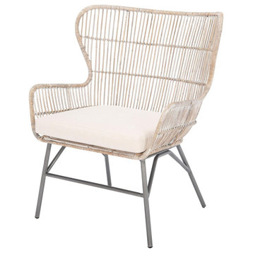 Coastal Accent Chair, Metal Legs With Rattan Cover & Cushioned Seat, Grey Washed