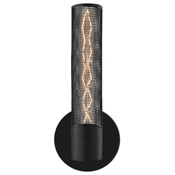 Urban Edge 1-Light Wall Sconce With Textured Black Finish, Black Wire Mesh Shade