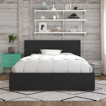 Novogratz Kelly Upholstered Queen Bed with Storage in Dark Grey Linen
