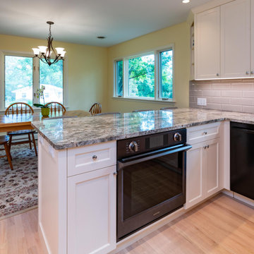 Modern Kitchen With White Painted Shaker Style Cabinets With a Bevel