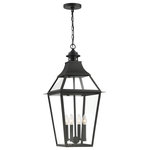 Savoy House - Jackson Black With Gold Highlighted 4-Light Outdoor Pendant, 14x29 - This Savoy House Jackson 4-light outdoor hanging lantern is the perfect way to easily boost your homeï_’s curb appeal. It is crafted in a classic, timeless style with boldly angled curves, eye-catching pierced metal detail and panes of clear glass that ensure a bright, beautiful glow. Jackson is finished in black with gold highlights to go well with anything and add a touch of glamour. Use this lantern above your front door or in a covered area like a porch or patio. This fixture is 14" wide and 29.25" tall. Uses 4 candelabra size bulbs of up to 40 watts each (not included).