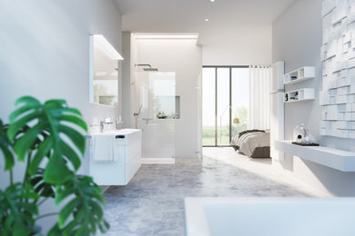 Photo of an expansive contemporary master bathroom in Hanover with flat-panel cabinets, white cabinets, a drop-in tub, a curbless shower, a two-piece toilet, white walls, a vessel sink, an open shower, white benchtops and a double vanity.