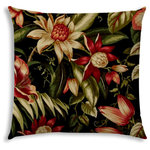 Joita, llc - Dahlia Indoor/Outdoor Pillow, Sewn Closure - DAHLIA is Victorian in color with deep hues of tan, black, green, red, salmon, rust and khaki - but transitional in print with large flowers amid subtle green leaves. Constructed with an outdoor rated thread and fabric. Printed pattern on polyester fabric. To maintain the life of the pillow, bring indoors or protect from the elements when not in use. Spot clean, hang to dry. Do not dry clean. One complete pillow with stuffing and sewn closure.