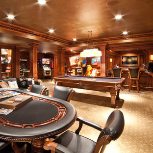 Inspiration for a large traditional fully buried basement in New York with brown walls, carpet and no fireplace.