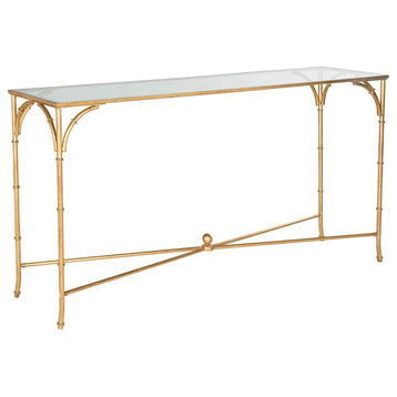 Elegant Console Table, Crossed Base With Arched Accents & Glass Top, Gold/Clear