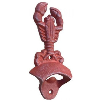 Red Whitewashed Cast Iron Wall Mounted Lobster Bottle Opener 6", Nautical