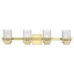 Innovations Lighting - Innovations 310-4W-SG-CL 4-Light Bath Vanity Light, Satin Gold - Innovations 310-4W-SG-CL 4-Light Bath Vanity Light Satin Gold. Style: Retro, Art Deco. Metal Finish: Satin Gold. Metal Finish (Canopy/Backplate): Satin Gold. Material: Cast Brass, Steel, Glass. Dimension(in): 6(H) x 33(W) x 6. 25(Ext). Bulb: (4)60W G9,Dimmable(Not Included). Maximum Wattage Per Socket: 60. Voltage: 120. Color Temperature (Kelvin): 2200. CRI: 99. Lumens: 450. Glass Shade Description: Clear Wellfleet Glass. Glass or Metal Shade Color: Clear. Shade Material: Glass. Glass Type: Transparent. Shade Shape: Rectangular. Shade Dimension(in): 4(W) x 5. 5(H) x 4(Depth). Backplate Dimension(in): 4. 5(H) x 4. 5(W) x 0. 75(Depth). ADA Compliant: No. California Proposition 65 Warning Required: Yes. UL and ETL Certification: Damp Location.