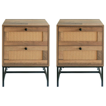Set of 2 Retro Nightstand, 2 Drawers With Rattan Front & Round Black Knobs, Oak