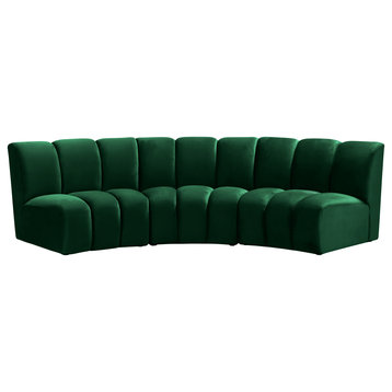 Infinity Channel Tufted Velvet Upholstered Modular Chair, Green, 3 Piece