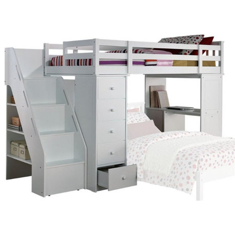ACME Freya Solid Wood Storage Loft Bed with Bookshelf Ladder in White