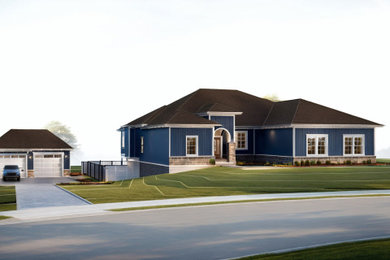 Large blue one-story mixed siding and clapboard exterior home idea in Kansas City with a shingle roof and a brown roof