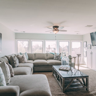 Home theater - mid-sized shabby-chic style enclosed carpeted home theater idea in Nashville with gray walls