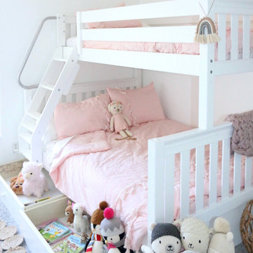 White Twin over Full Bunk Bed with Angled Ladder and Storage