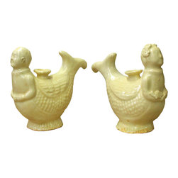 Chinese Pair Ceramic Off White Light Cream Kid Fish Vases - Vases