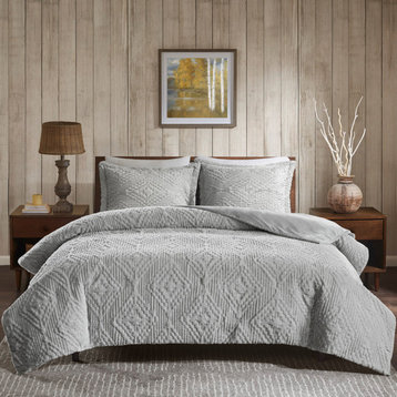 Woolrich Teton Plush Embroidered 3-Piece Coverlet, Grey, Full/Queen