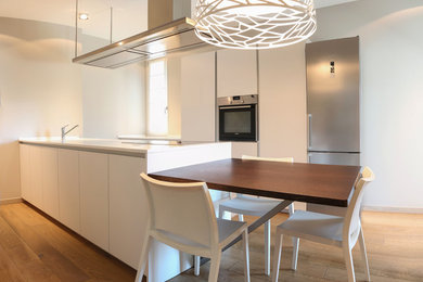 Idee per una cucina lineare minimalista chiusa e di medie dimensioni con lavello da incasso, ante lisce, ante bianche, top in quarzite, paraspruzzi bianco, elettrodomestici in acciaio inossidabile, pavimento in legno massello medio e penisola