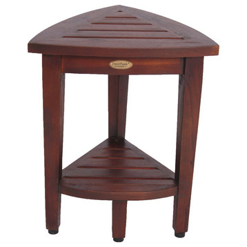 Oasis Teak Corner Shower Stool, Table With Shelf, 16"x15"x18"