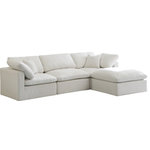 Meridian Furniture - Plush Velvet / Down Standard Comfort L-Shaped Modular Sectional, Cream, 4-Piece: 1 Armless Chair, 2 Corner Chair, 1 Ottoman - No matter how big or little the size of your gang, they can all find their sweet spot when you choose pieces from the Plush collection to build your ideal seating group. Choose this four-piece set or pair multiple pieces together to get the custom look everyone will love. The soft cream velvet material is soft and welcoming to the touch, and the set's cushions are overstuffed with a down and feather blend to provide ample support for tired bodies.