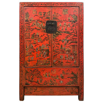 Consigned Antique Chinese Red Lacquered Wedding Armoire, Wardrobe with 100s Kids